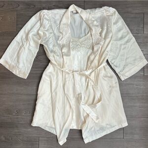 Vintage Intimé Of California Satin Ivory Nightgown & Robe Set Bridal Size M